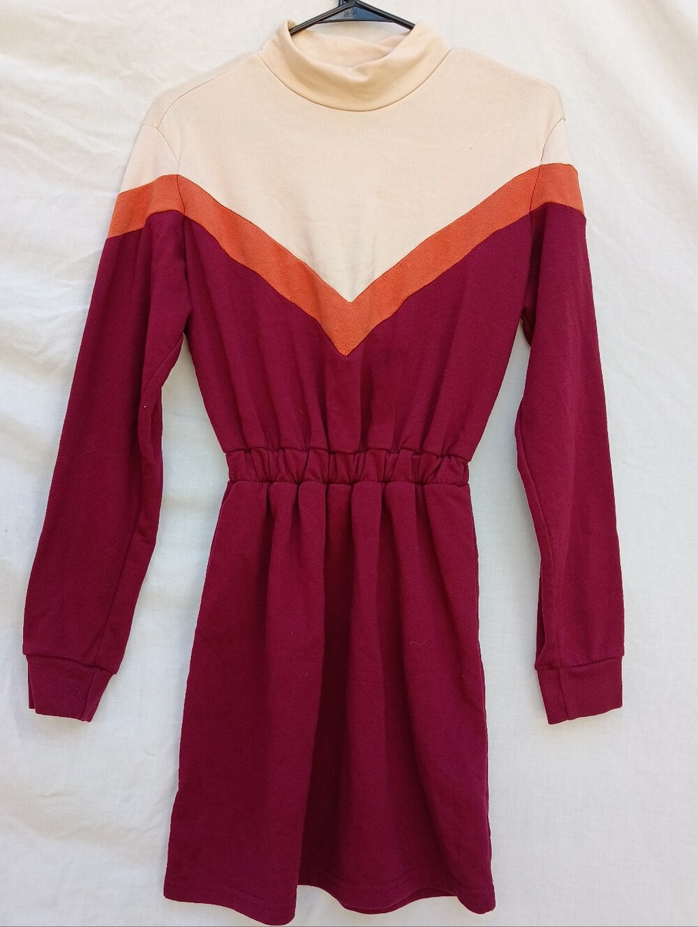 Bershka Burgundy, Cream & Orange Colorblock Long Sleeve Sweater Dress Size Small
